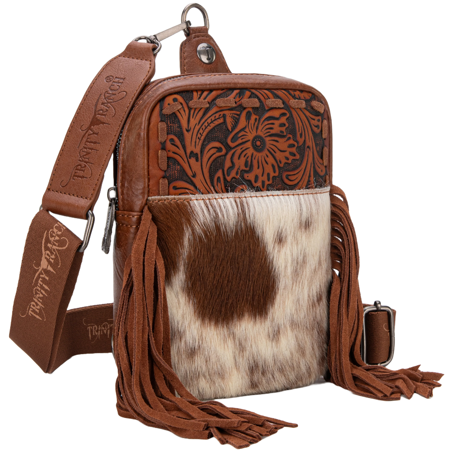 Trinity Ranch Ladies Genuine Hair-On Cowhide Brown Tooled Fringe Sling Bag TR179-186BR