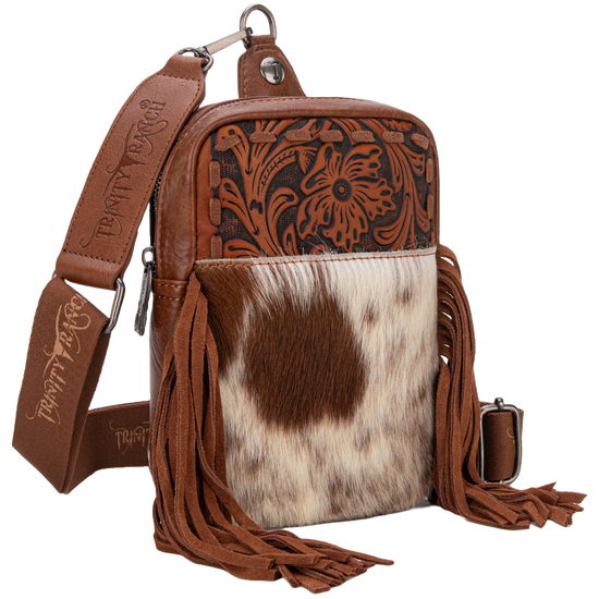 Trinity Ranch Ladies Genuine Hair-On Cowhide Brown Tooled Fringe Sling Bag TR179-186BR