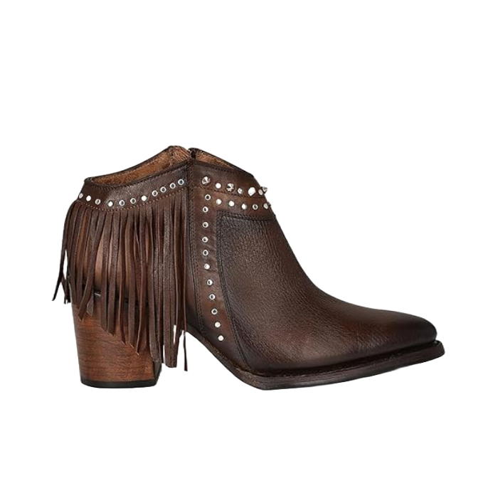 Cuadra Ladies Fringe & Studs Chocolate Pointed Toe Booties CU813