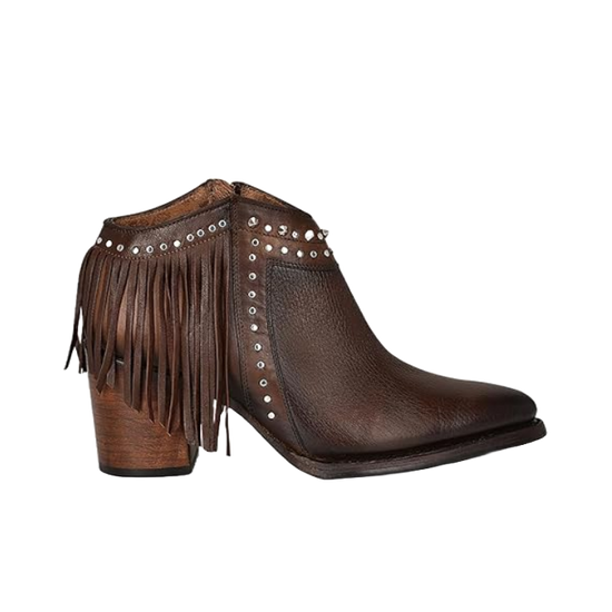 Cuadra Ladies Fringe & Studs Chocolate Pointed Toe Booties CU813