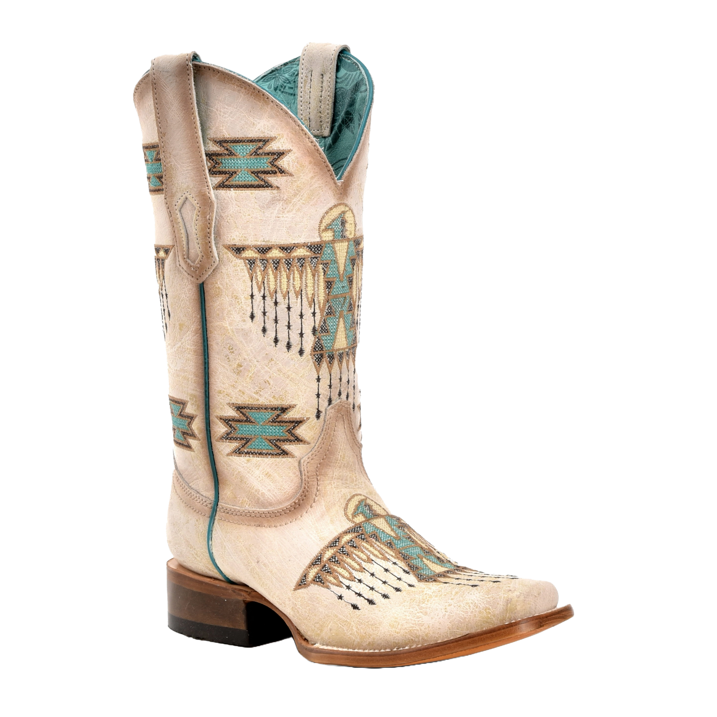 Corral Ladies Cream & Turquoise Embroidery Square Toe Boots Z5219