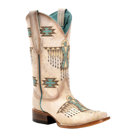 Corral Ladies Cream & Turquoise Embroidery Square Toe Boots Z5219