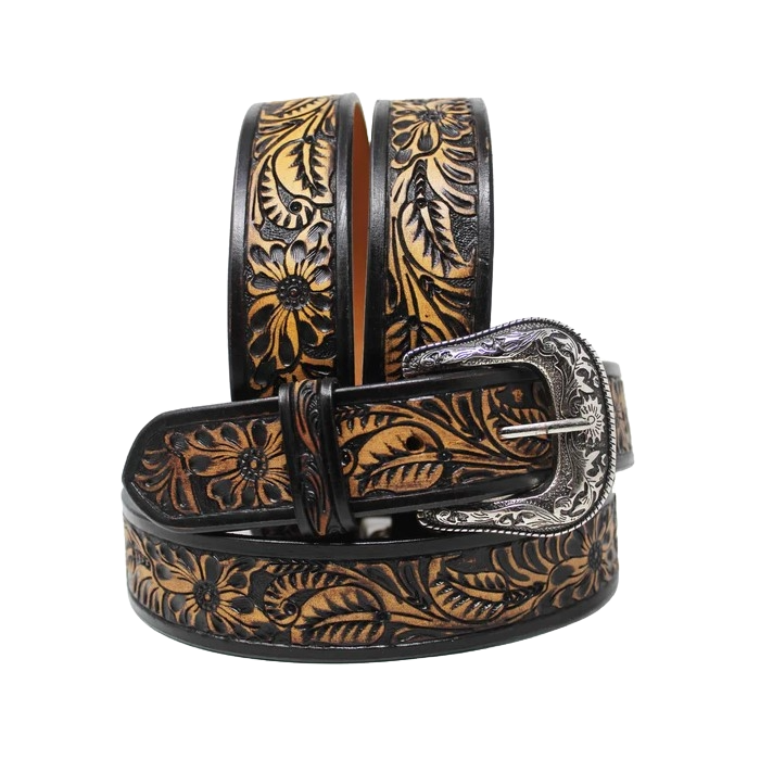 Challenger Men's Floral Tooled Leather Brown & Black Belt 26FK19