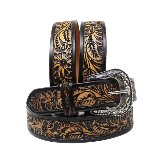 Challenger Men's Floral Tooled Leather Brown & Black Belt 26FK19