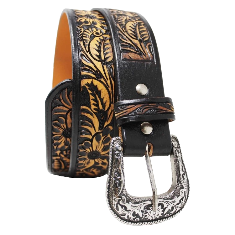 Challenger Men's Floral Tooled Leather Brown & Black Belt 26FK19