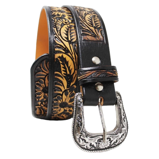 Challenger Men's Floral Tooled Leather Brown & Black Belt 26FK19