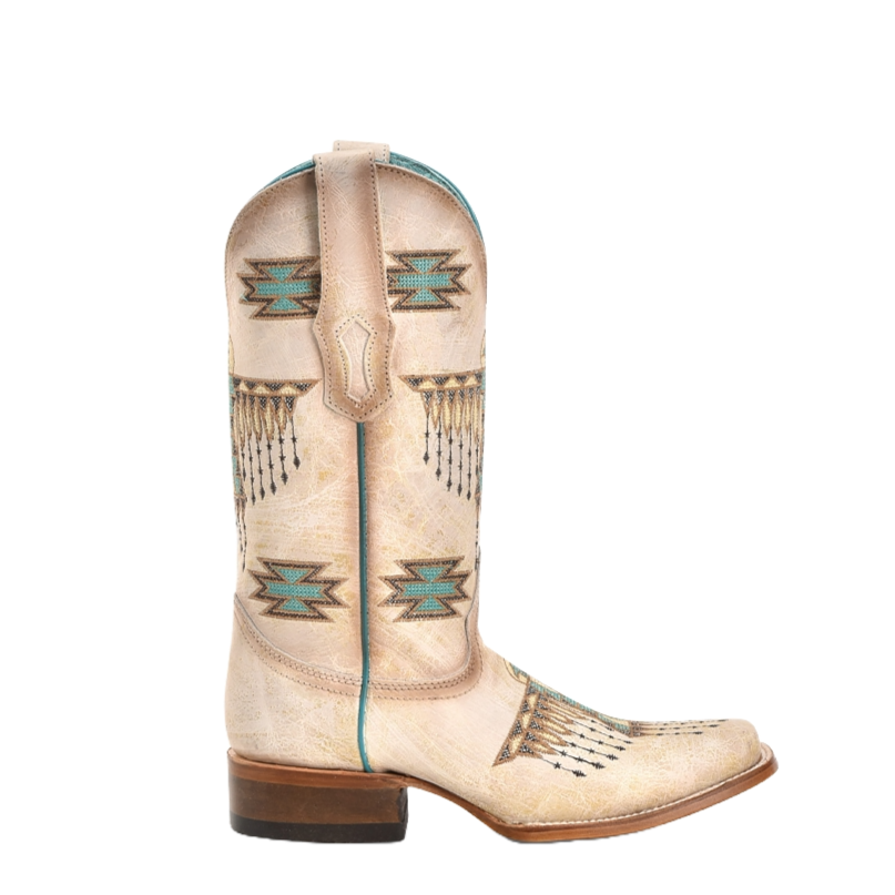 Corral Ladies Cream & Turquoise Embroidery Square Toe Boots Z5219