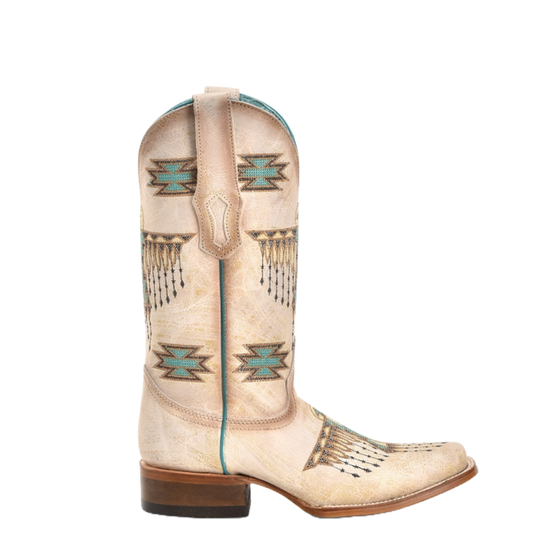 Corral Ladies Cream & Turquoise Embroidery Square Toe Boots Z5219