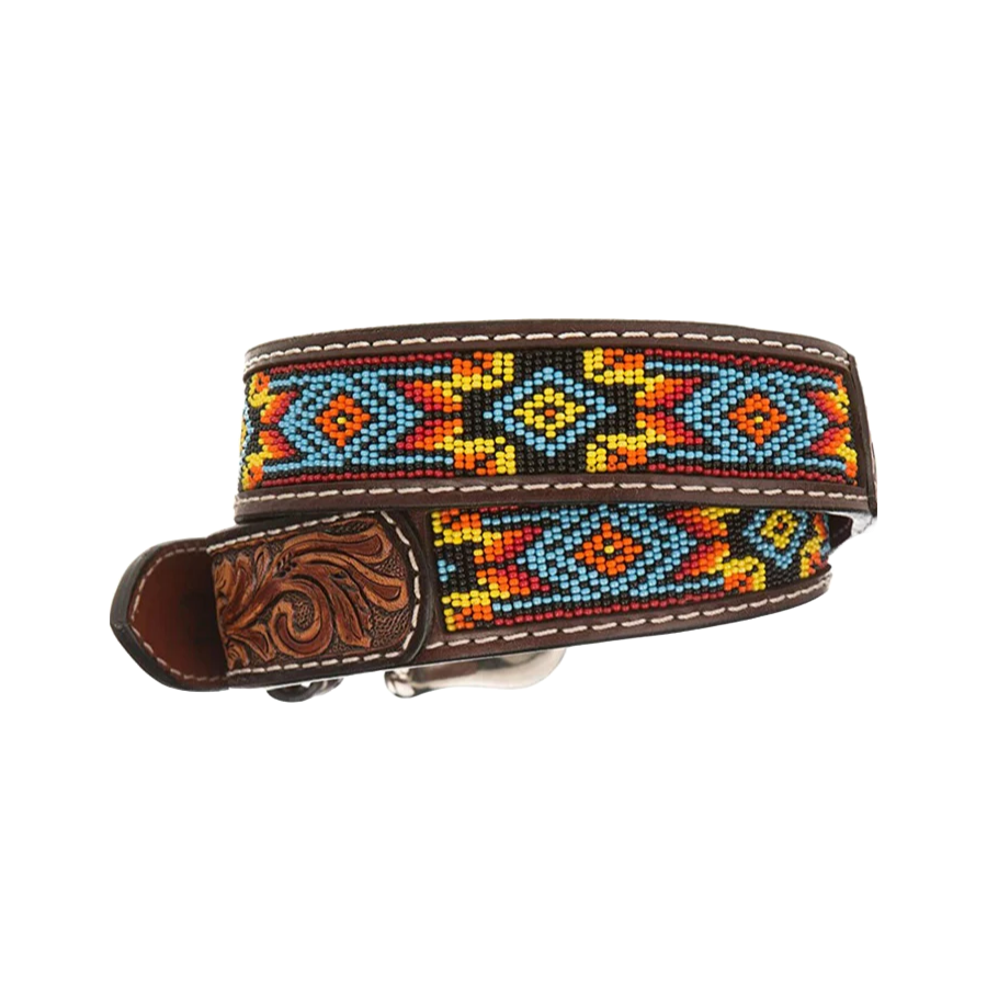 Twisted X Men's Floral Embossed Beaded Brown Leather Belt XIBB100