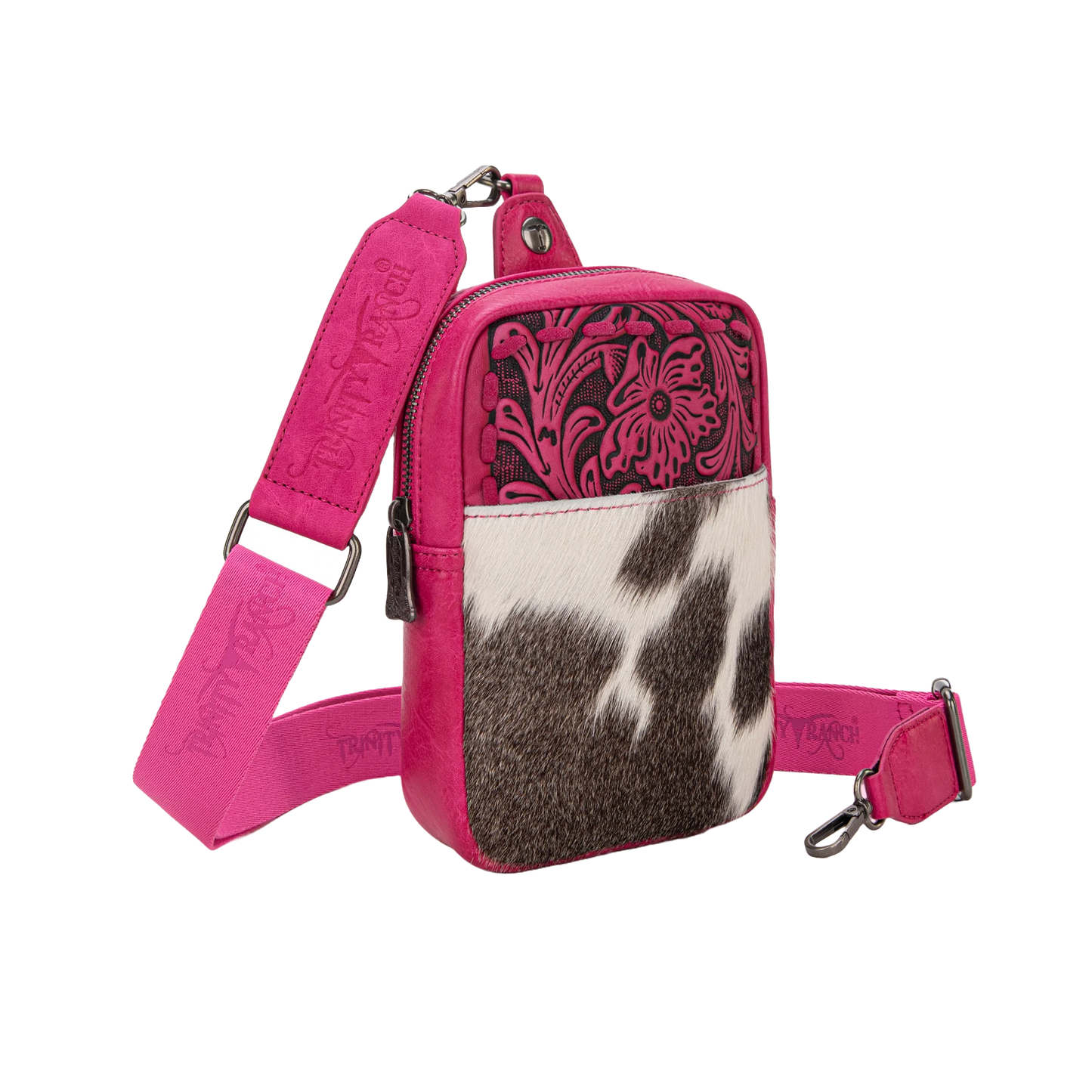 Trinity Ranch Ladies Genuine Hair-On Cowhide Hot Pink Tooled Sling Bag TR179-185HPK