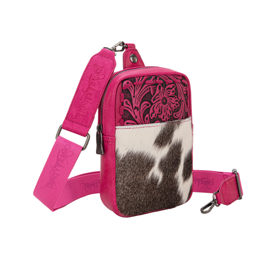 Trinity Ranch Ladies Genuine Hair-On Cowhide Hot Pink Tooled Sling Bag TR179-185HPK