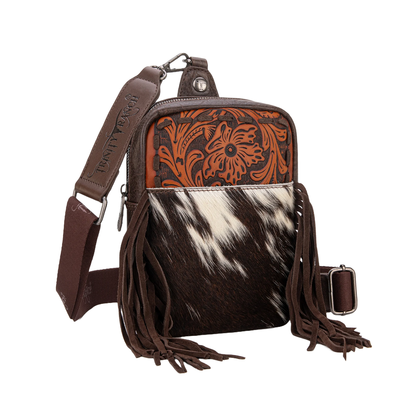 Trinity Ranch Ladies Genuine Hair-On Cowhide Coffee Brown Tooled Fringe Sling Bag TR179-186CF