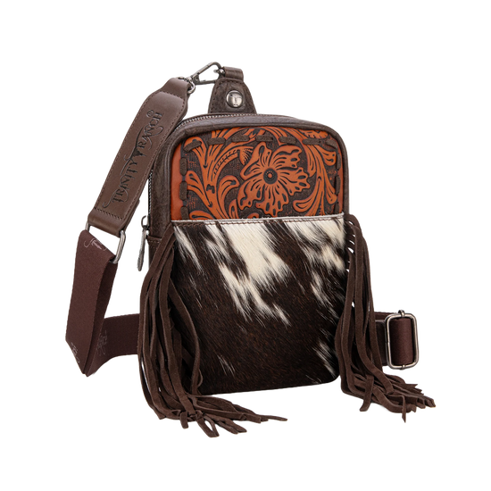 Trinity Ranch Ladies Genuine Hair-On Cowhide Coffee Brown Tooled Fringe Sling Bag TR179-186CF