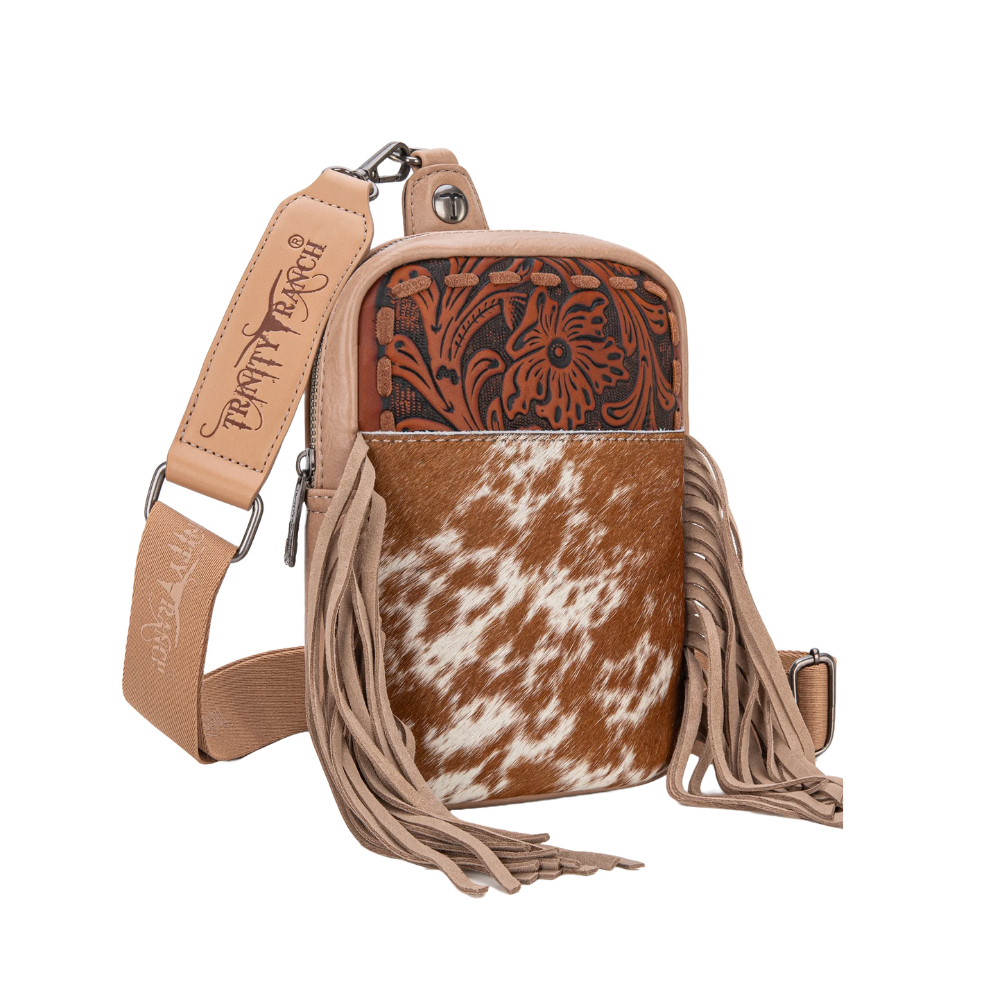 Trinity Ranch Ladies Genuine Hair-On Cowhide Tan Tooled Fringe Sling Bag TR179-186TN