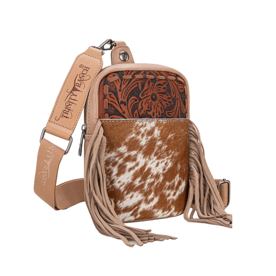 Trinity Ranch Ladies Genuine Hair-On Cowhide Tan Tooled Fringe Sling Bag TR179-186TN