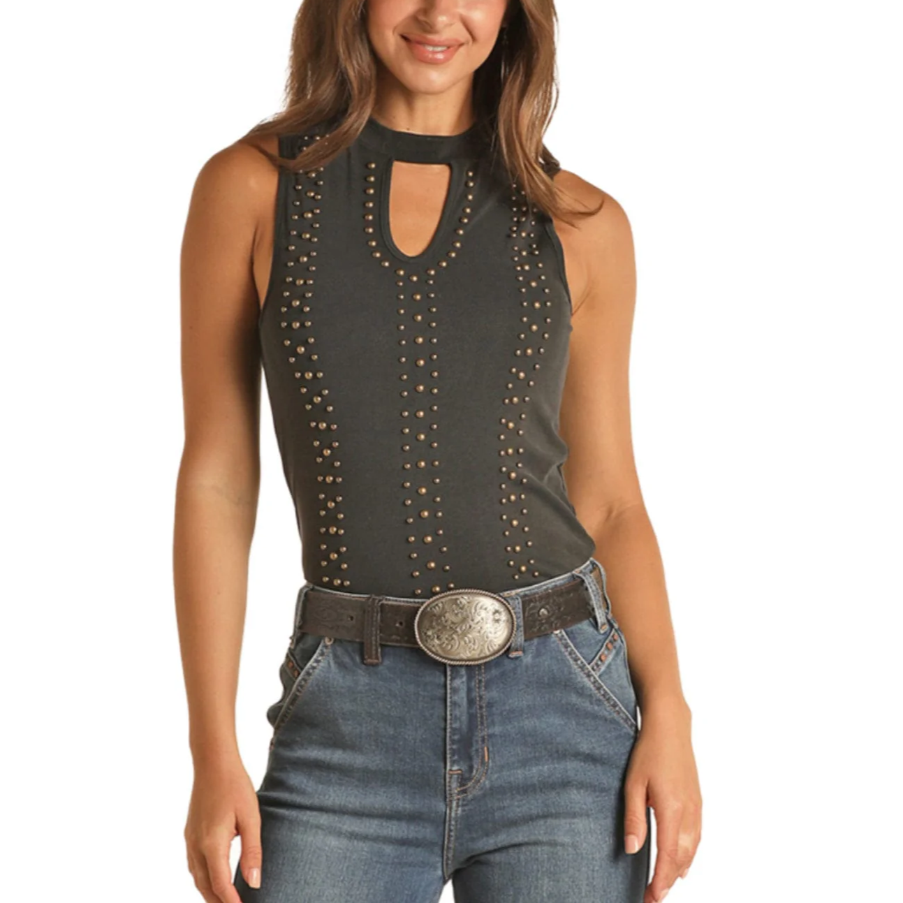 Rock & Roll Denim® Ladies Black Ribbed Studded Tank Top RRWT20R0Z9-01