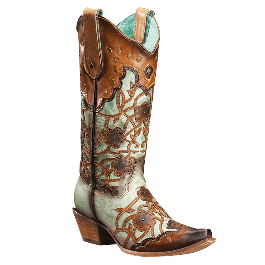 Corral Ladies Brown Mint/Maple Flowers Overlay & Studs C3176 - Wild West Boot Store