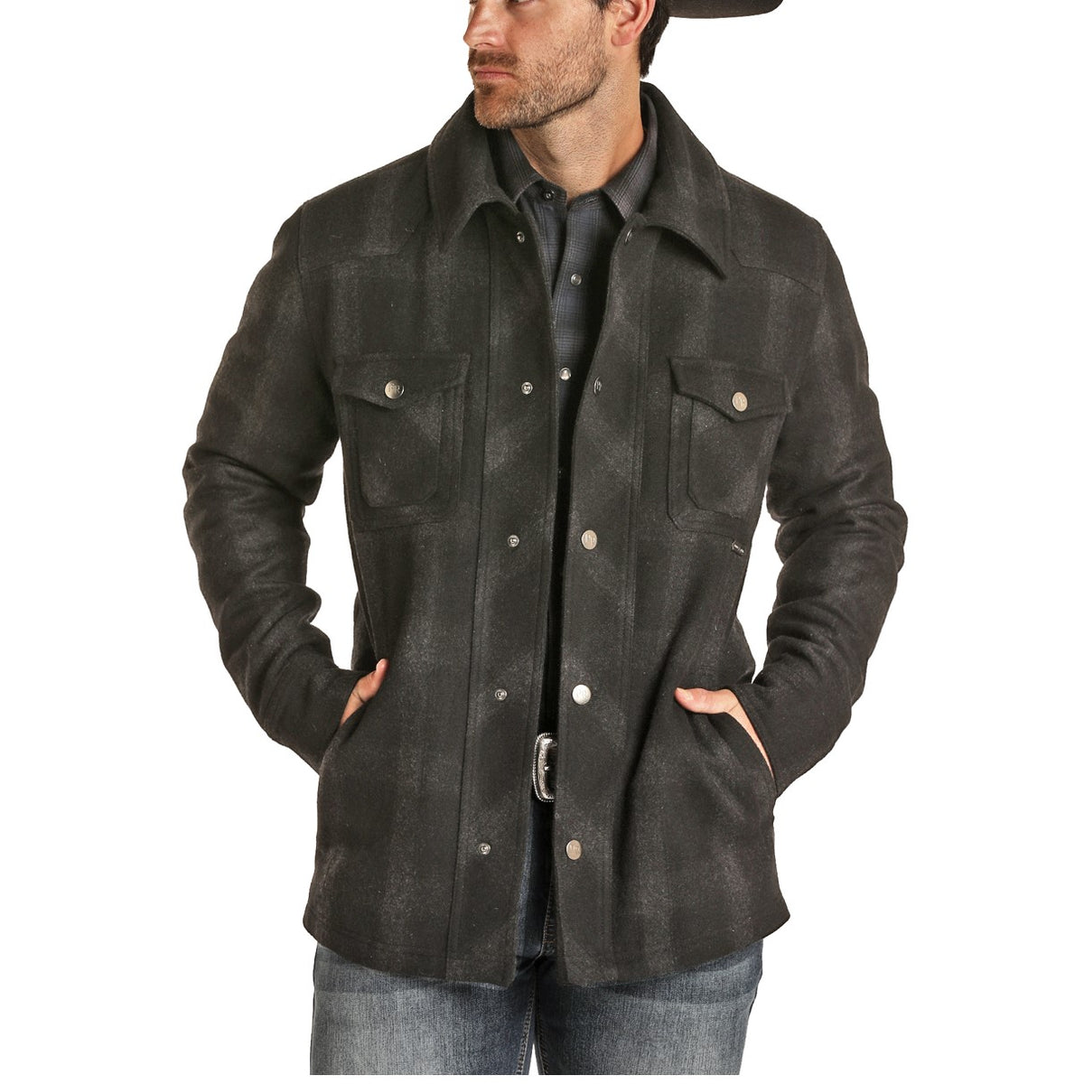 Powder River Men's Charcoal Plaid Wool Commander Jacket 92-1007-02