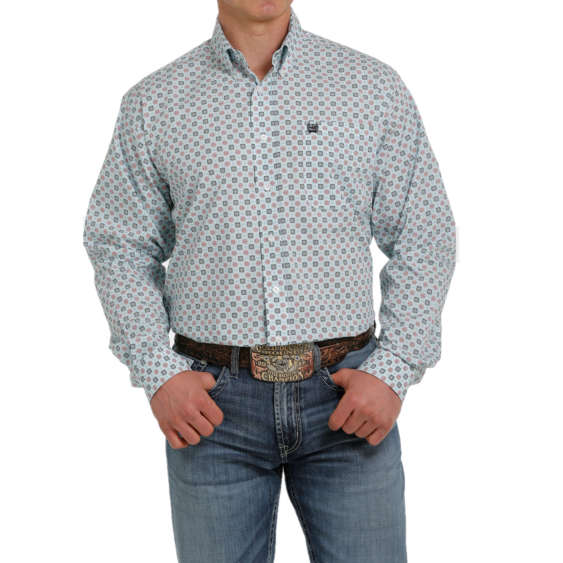 Cinch® Men's White Printed Plain Weave Button Down Shirt MTW1105361