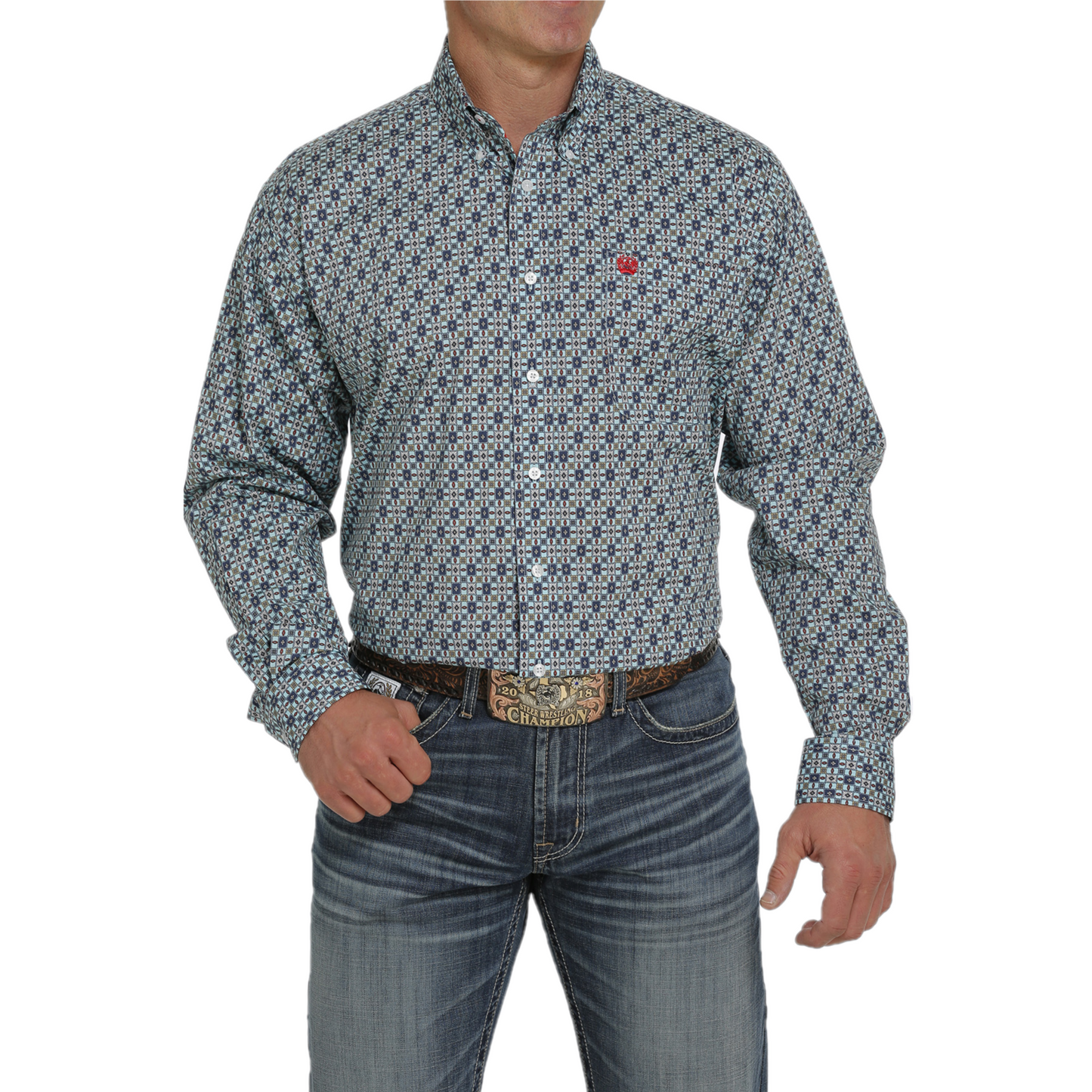 Cinch® Men's Light Blue Geometric Printed Button Down Shirt MTW1105434