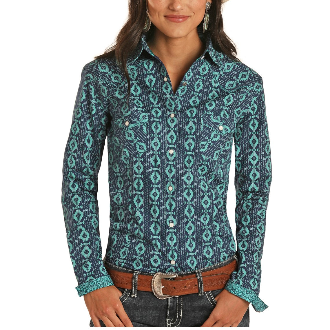 Panhandle Rough Stock Ladies Long Sleeve Navy Snap Shirt R4S9002