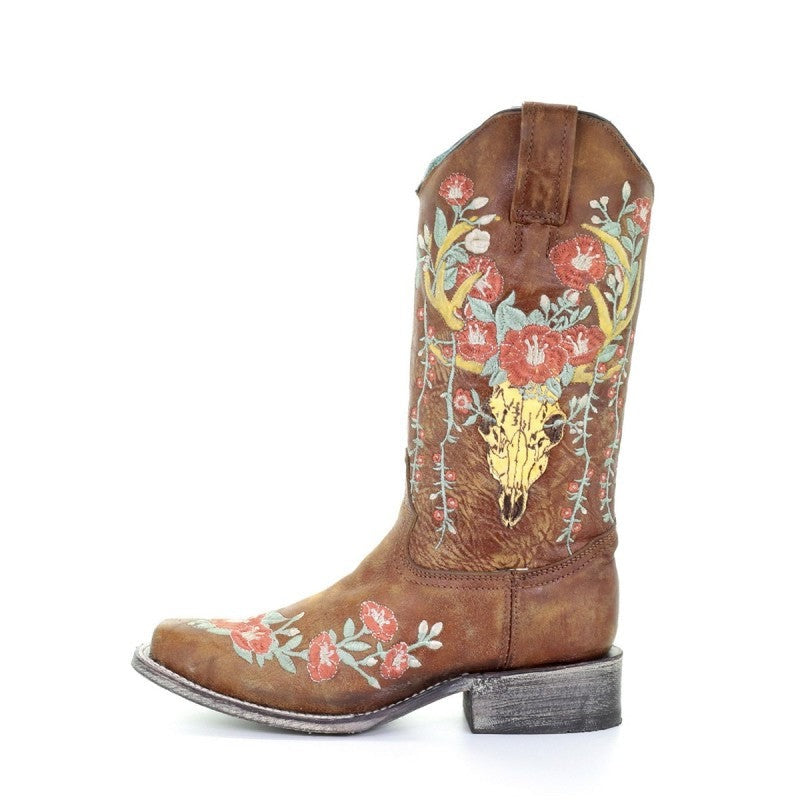 Corral Ladies Tan Deer Skull Overlay & Floral Embroidery Boots A3708 ...